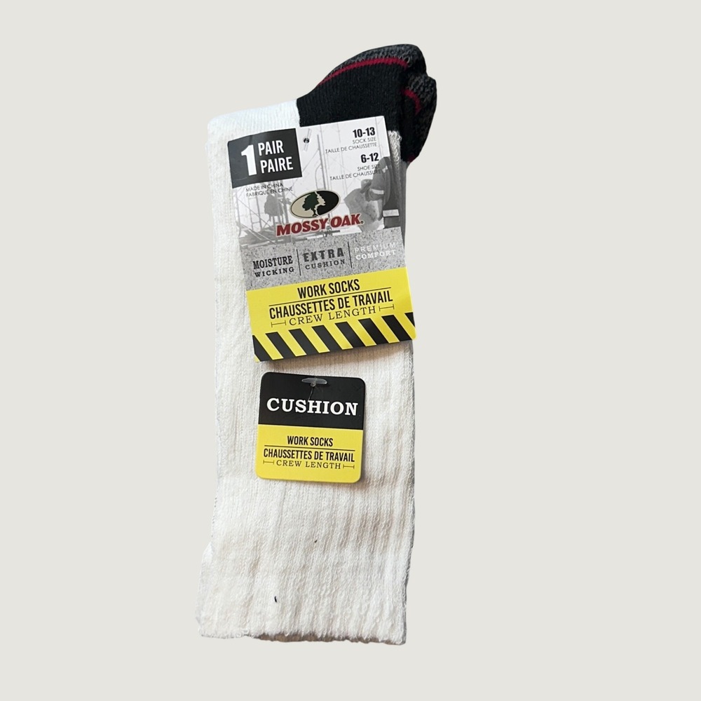 Mossy Oak Work Socks Mens 10-13 White Crew Length Extra Cushion Moisture Wicking